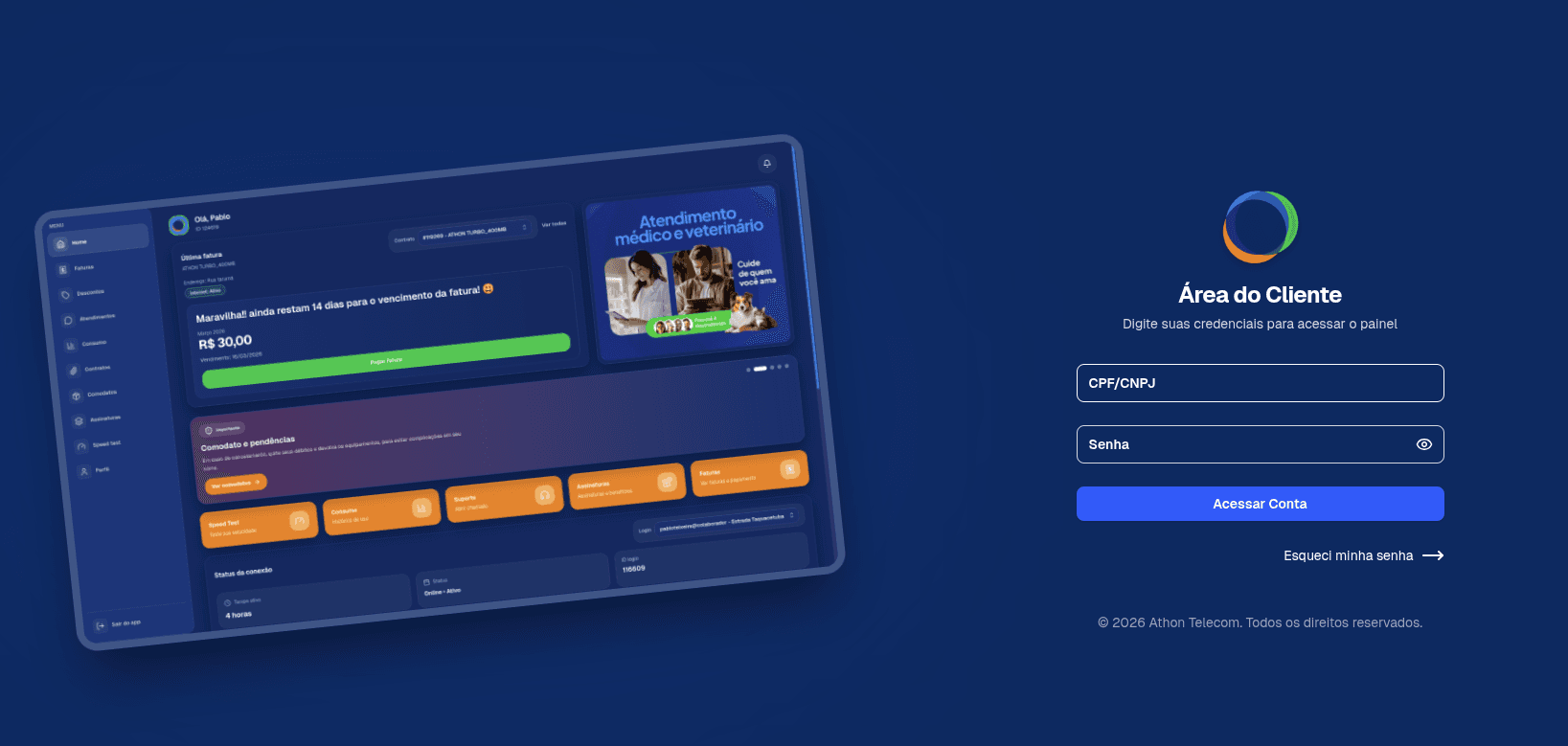 Preview da versão desktop da área do cliente Athon Networks